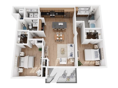 Apartment B2 floor plan showing a two bedroom, two bathroom apartment with kitchen and living room